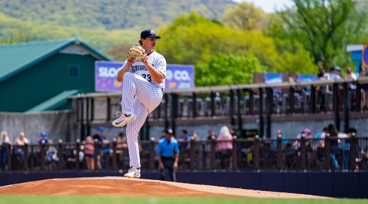 Drew Thorpe winds up to throw a pitch for the Hudson Valley Renegades baseball team during the 2023 season at Heritage Financial Park in Wappingers Falls (photo by Dave Janosz courtesy of the Hudson Valley Renegades)